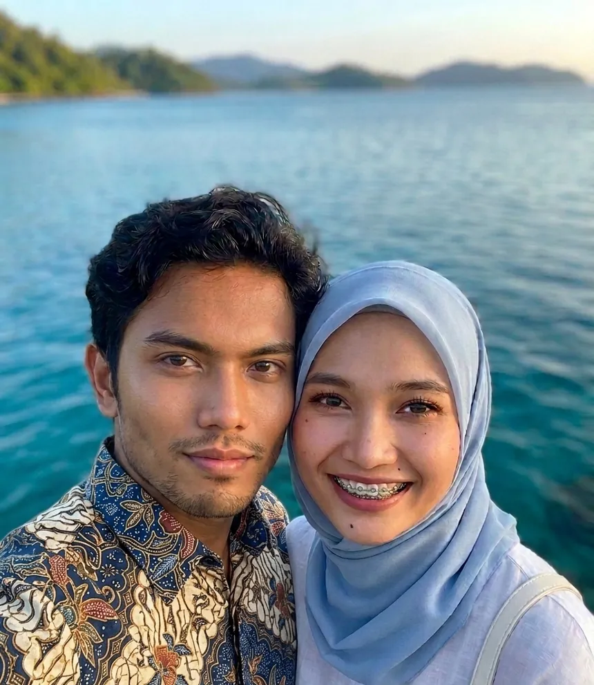Two people smiling together by the sea